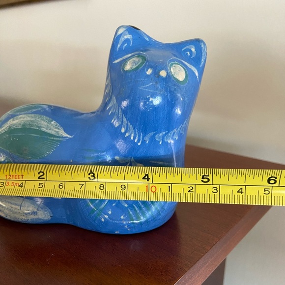 Vintage Blue Cat Figurine Hand Painted Glazed Mexican Folk Art Clay Pottery - Picture 9 of 9